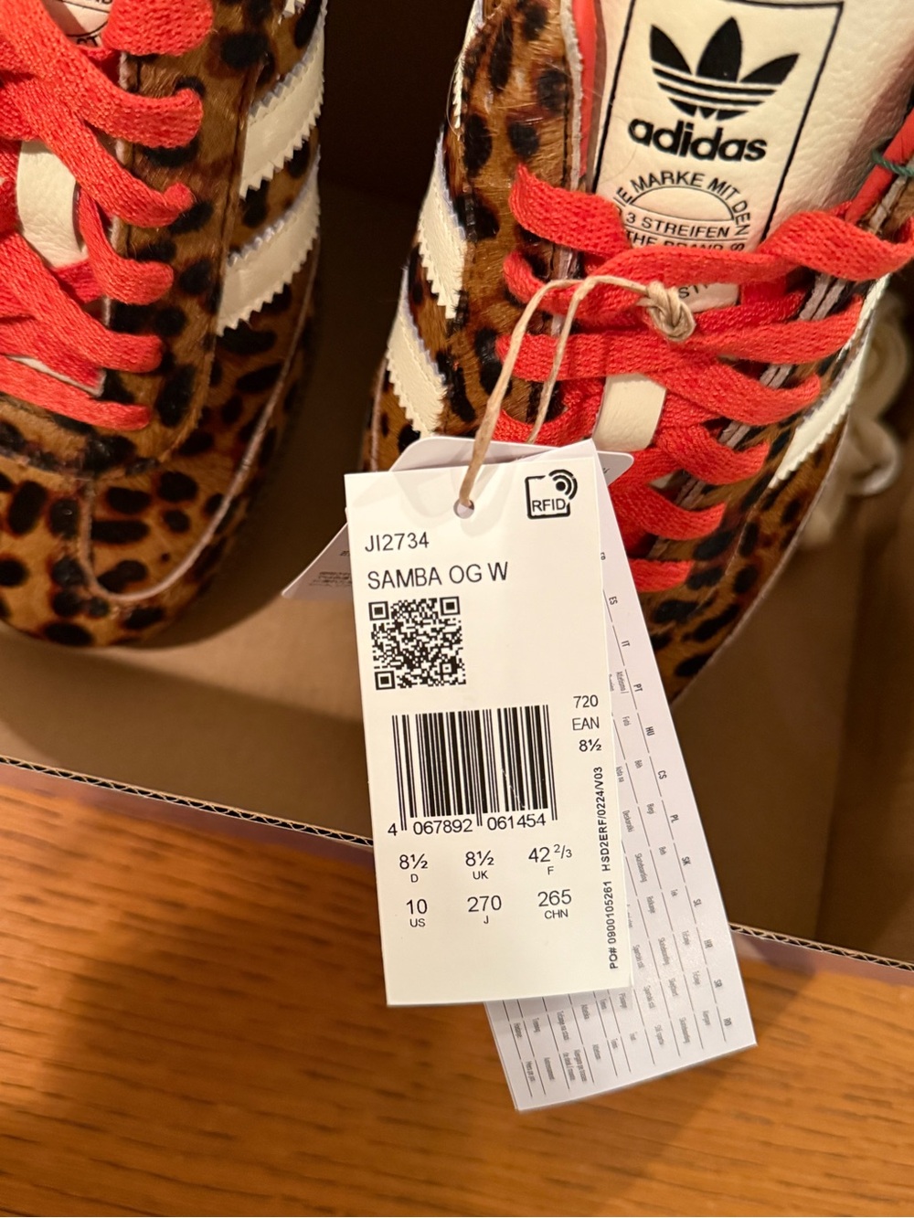 adidas Samba Women’s Leopard Print Three-Stripe Sneakers with Red and White Lace - Picture 4 of 7